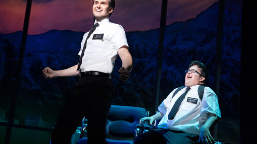 Kevin Clay as Elder Price and Cody Jamison Strand as Elder Cunningham in The Book of Mormon. © Julieta Cervantes