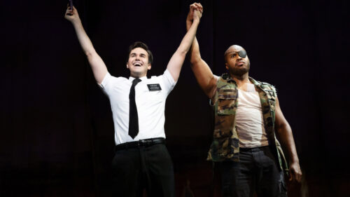 Kevin Clay as Elder Price and Derrick Williams as The General in The Book of Mormon. © Julieta Cervantes