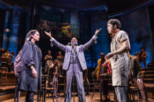 Myra Molloy as Eurydice, Daniel Breaker as Hermes and Ali Louis Bourzgui as Orpheus in Hadestown.
© Matthew Murphy