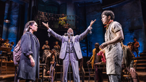 Myra Molloy as Eurydice, Daniel Breaker as Hermes and Ali Louis Bourzgui as Orpheus in Hadestown. © Matthew Murphy