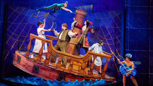 Cast of Peter Pan Goes Wrong on tilting pirate ship.