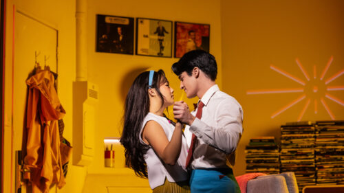 Helen J Shen as Claire and Darren Criss as Oliver in Maybe Happy Ending.