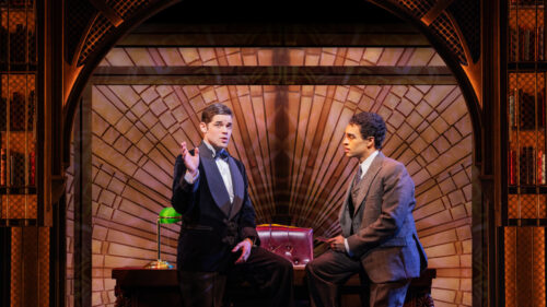 Jeremy Jordan as Jay Gatsby and Noah J. Ricketts as Nick Carraway in The Great Gatsby.