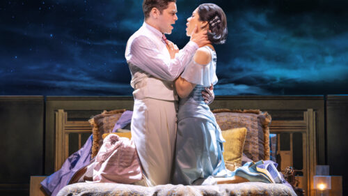 Jeremy Jordan as Jay Gatsby and Eva Noblezada as Daisy Buchanan in The Great Gatsby.