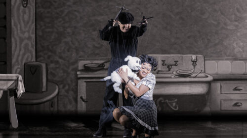 Jasmine Amy Rogers as Betty Boop and Phillip Huber as Pudgy in BOOP! The Musical. © Matthew Murphy and Evan Zimmerman