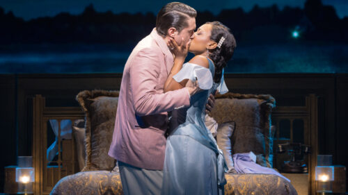 Ryan McCartan as Jay Gatsby and Aisha Jackson as Daisy Buchanan in The Great Gatsby. © Evan Zimmerman for MurphyMade