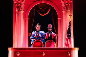 Jinkx Monsoon as Mary Todd Lincoln and Kumail Nanjiani as Mary's Husband in Oh, Mary!. © Evan Zimmerman for MurphyMade