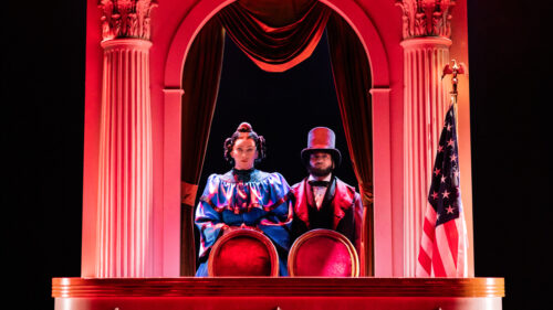 Jinkx Monsoon as Mary Todd Lincoln and Kumail Nanjiani as Mary's Husband in Oh, Mary!. © Evan Zimmerman for MurphyMade
