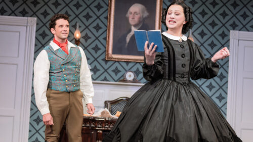 Michael Urie as Mary's Teacher and Jinkx Monsoon as Mary Todd Lincoln in Oh, Mary!. © Evan Zimmerman for MurphyMade