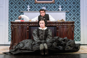 Jinkx Monsoon as Mary Todd Lincoln and Kumail Nanjiani as Mary's Husband in Oh, Mary!.
© Evan Zimmerman for MurphyMade