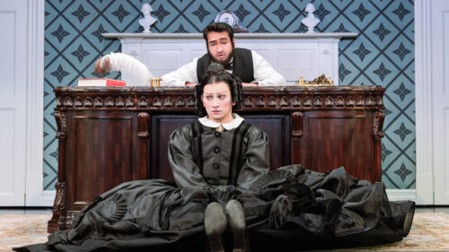 Jinkx Monsoon as Mary Todd Lincoln and Kumail Nanjiani as Mary's Husband in Oh, Mary!. © Evan Zimmerman for MurphyMade