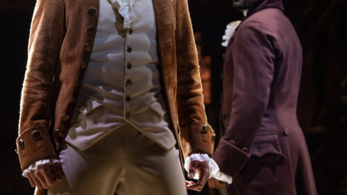 Trey Curtis as Alexander Hamilton and Jared Dixon as Aaron Burr in Hamilton. © Joan Marcus