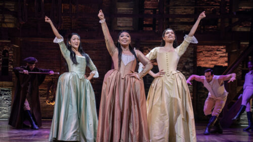 Stephanie Jae Park as Eliza, Jennie Harney-Fleming as Angelica and Yana Perrault as Peggy in Hamilton. © Joan Marcus
