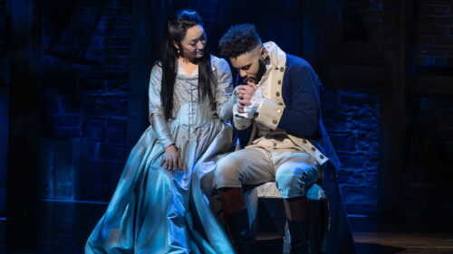 Stephanie Jae Park as Eliza and Trey Curtis as Alexander Hamilton in Hamilton. © Joan Marcus