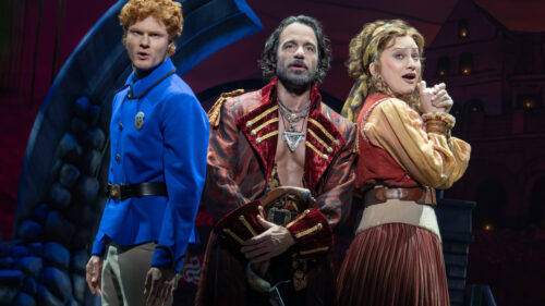 Nicholas Barasch as Frederic, Ramin Karimloo as The Pirate King and Jinkx Monsoon as Ruth in Pirates! The Penzance Musical.