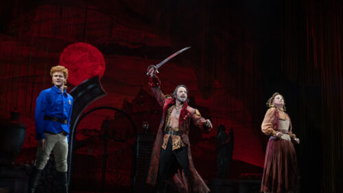 Nicholas Barasch as Frederic, Ramin Karimloo as The Pirate King and Jinkx Monsoon as Ruth in Pirates! The Penzance Musical.