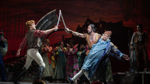 Nicholas Barasch as Frederic, Ramin Karimloo as The Pirate King and David Hyde Pierce as Major General Stanley in Pirates! The Penzance Musical.