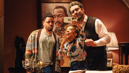 Jon Michael Hill as Nazareth "Naz" Jasper, Kara Young as Aziza Houston and Harry Lennix as Solomon "Sonny" Jasper in Purpose. © Marc J. Franklin