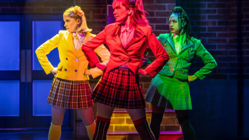 Elizabeth Teeter as Heather McNamara, McKenzie Kurtz as Heather Chandler and Olivia Hardy as Heather Duke in Heathers The Musical. © Evan Zimmerman for MurphyMade
